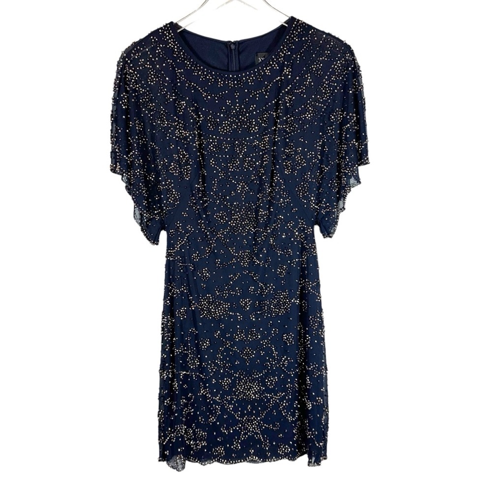 XSCAPE Women's 6 Blue Beaded Formal Cocktail Dress Short Sleeve Mini